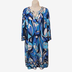 Chico's Shift Dress 3/4 Sleeve Blues/White Embellished Neckline Size 2